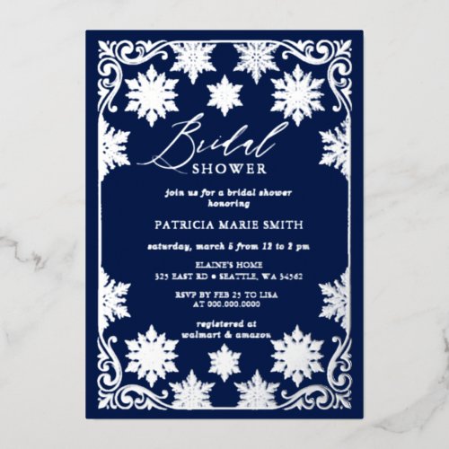 Snowflakes Silver Navy Winter Bridal Shower Foil Invitation