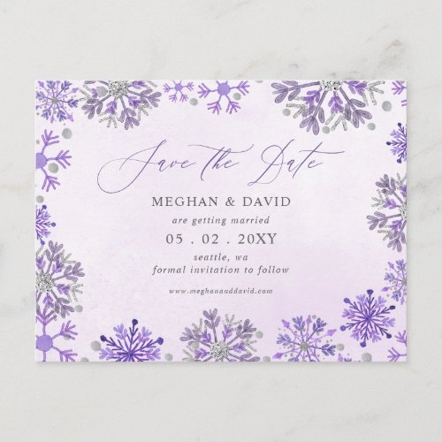 Snowflakes Silver Purple Christmas Winter Wedding Announcement Postcard