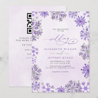 Snowflakes Silver Purple Winter QR Code Wedding Invitation