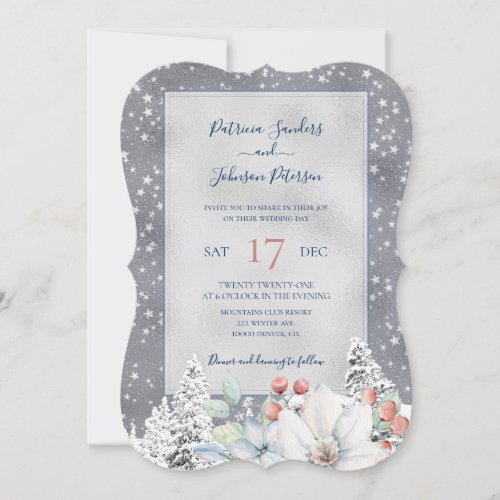 Snowflakes silver winter rustic floral wedding invitation