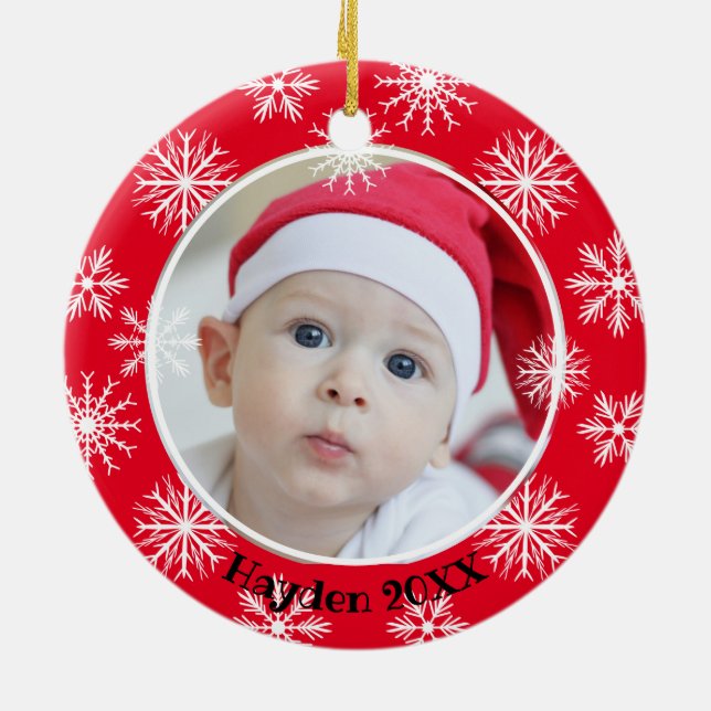 Snowflakes Single Photo Personalized Christmas Ceramic Ornament (Back)