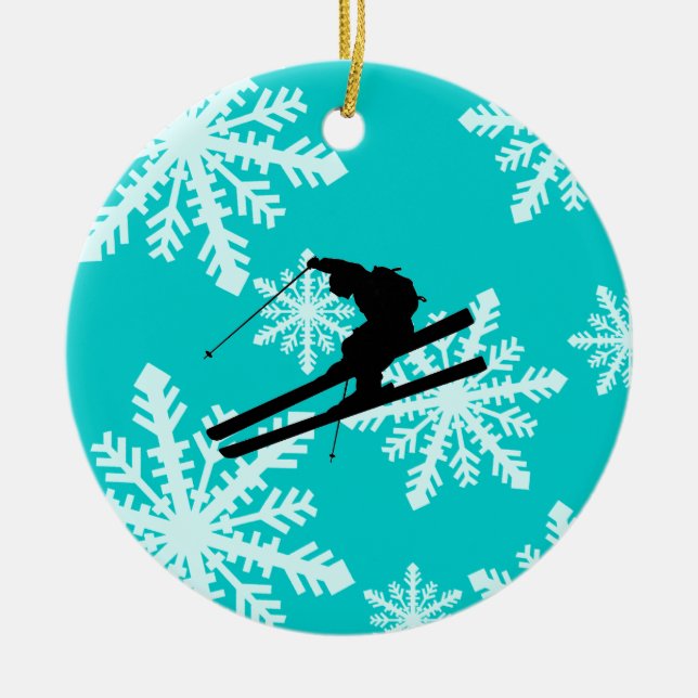 snowflakes skiing ceramic ornament (Front)