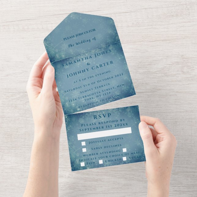 Snowflakes Snow Blue Winter Wonderland Wedding All In One Invitation (Tearaway)