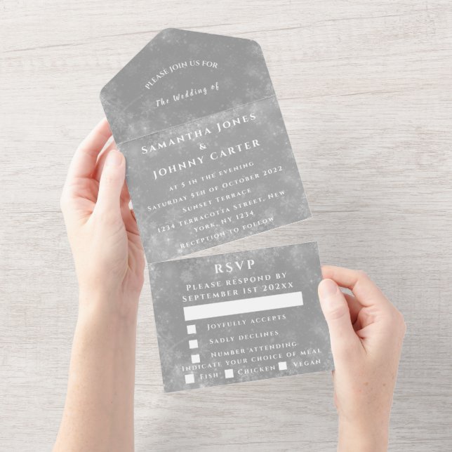 Snowflakes Snow Gray Winter Wonderland Wedding All In One Invitation (Tearaway)