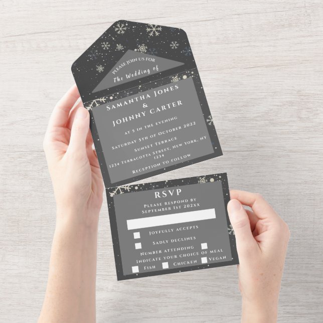 Snowflakes Snow Grey Winter Wonderland Wedding All All In One Invitation (Tearaway)