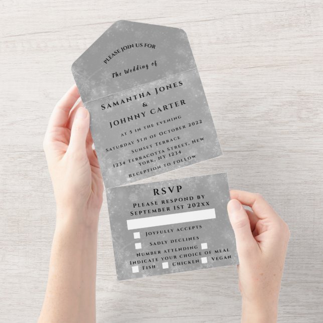 Snowflakes Snow Grey Winter Wonderland Wedding All In One Invitation (Tearaway)