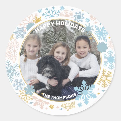 Snowflakes Snow Pink Blue Christmas Holidays PHOTO Classic Round Sticker