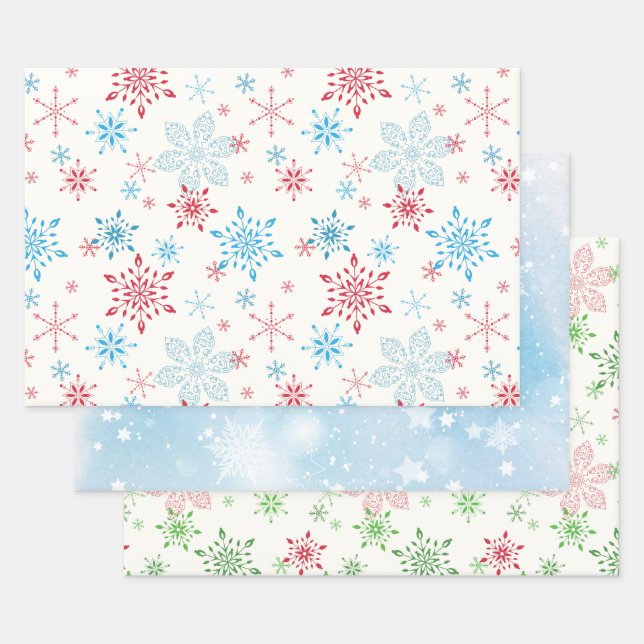 Snowflakes, snow, stars, blue winter sky wrapping paper sheets (Set)