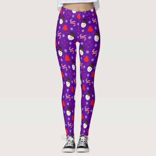 Snowflakes Snowman Candy Canes Blue Background Leggings