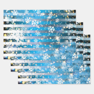 Snowflakes Sparkles and Lights On Blue Stripes Wrapping Paper Sheets