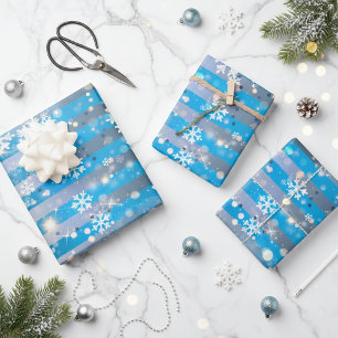 Snowflakes Sparkles and Lights On Blue Stripes Wrapping Paper Sheets