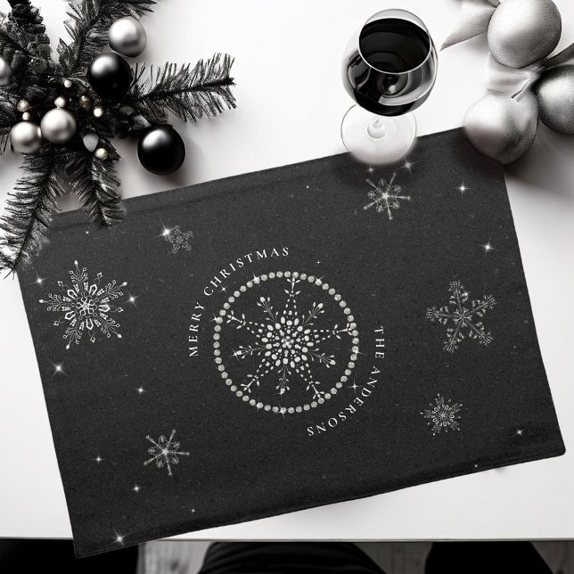 Snowflakes Sparkles Glitter Black Christmas Black Cloth Placemat (christmas decor personalized black table placemat snowflake glitter sparkle rhinestone glam)
