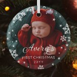 Snowflakes &amp; Stars Baby's 1st Christmas Photo Glass Ornament