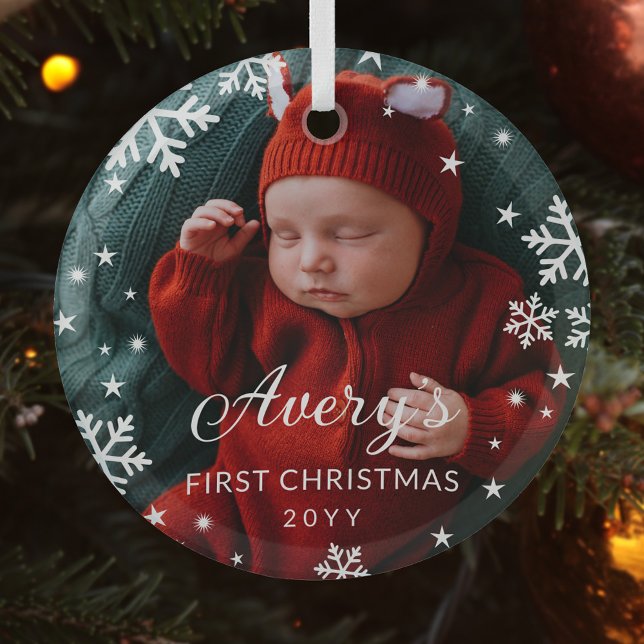 Snowflakes & Stars Baby's 1st Christmas Photo Glass Ornament (Creator Uploaded)