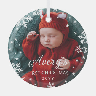 Snowflakes & Stars Baby's 1st Christmas Photo Glass Ornament