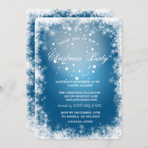 SnowflakesStarsBlue Christmas Party Invitation