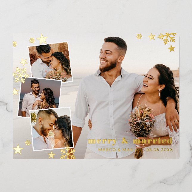 Snowflakes Stars Merry Married Photo Collage Foil Holiday Postcard (Front)
