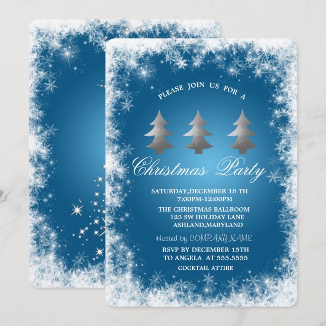 Snowflakes,Stars,Pine Tree Blue Christmas Party Invitation (Front/Back)