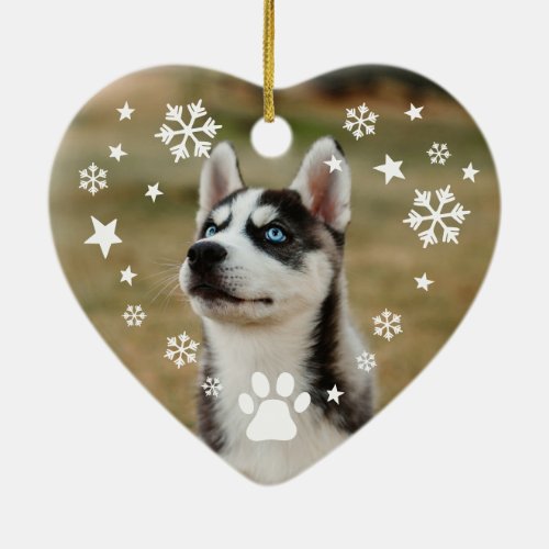 Snowflakes  Stars Red First Christmas Pet Photo Ceramic Ornament