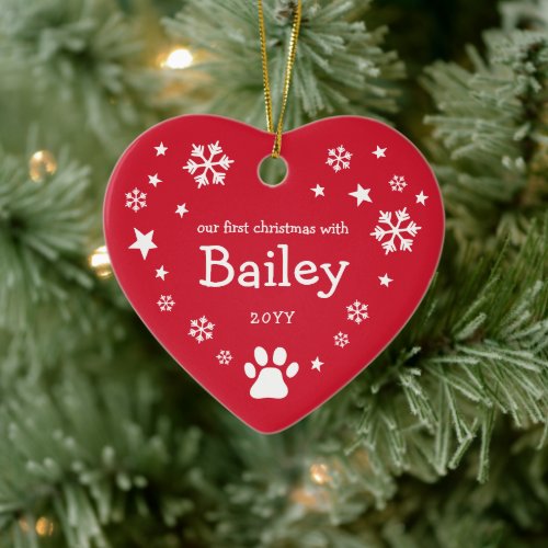 Snowflakes  Stars Red First Christmas With Pet Ceramic Ornament