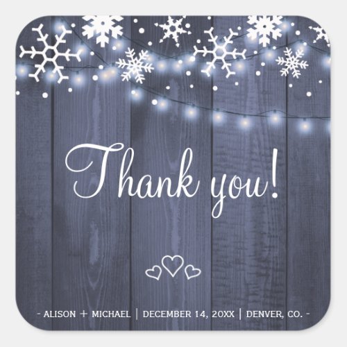 Snowflakes string lights rustic barn wood wedding square sticker