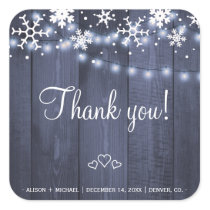 Snowflakes string lights rustic barn wood wedding square sticker