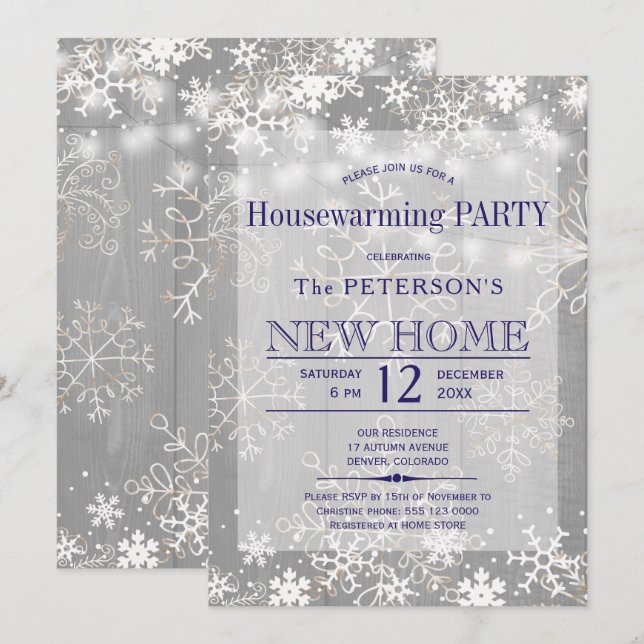 Snowflakes string lights winter housewarming party invitation (Front/Back)