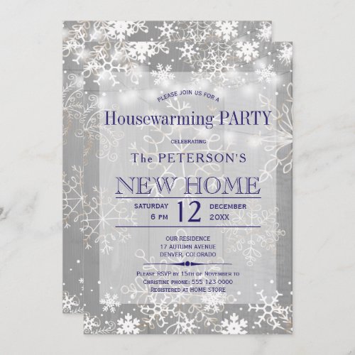 Snowflakes string lights winter housewarming party invitation