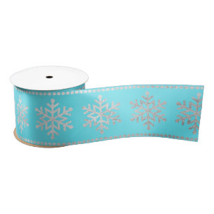 Snowflakes Stripes Silver Beach Ocean Blue Satin Ribbon