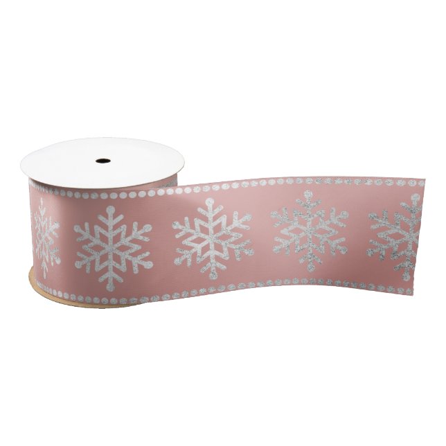 Snowflakes Stripes Silver Pink Rose Gold Satin Ribbon (Spool)