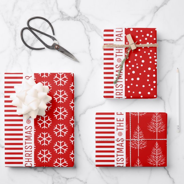 Snowflakes, stripes, trees and wishes red wrapping paper sheets (Front)