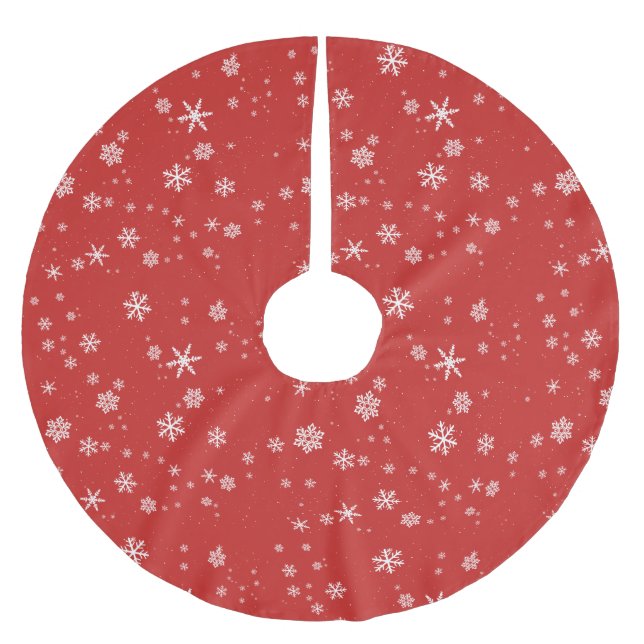 Snowflakes Stylish Modern Red Christmas Holiday Brushed Polyester Tree Skirt (Front)