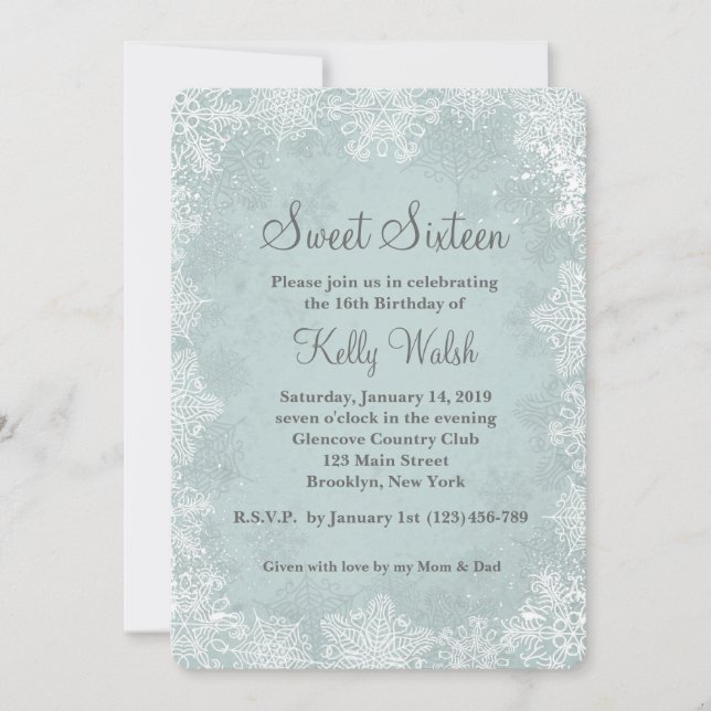 Snowflakes Sweet 16 Winter Wonderland Invitation (Front)