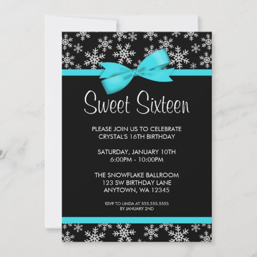 Snowflakes Teal Bow Winter Wonderland Sweet 16 Custom Invitation