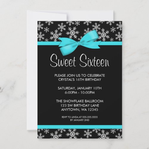 Snowflakes Teal Bow Winter Wonderland Sweet 16 Invitation