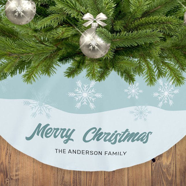 Snowflakes Teal Modern Script Christmas Brushed Polyester Tree Skirt (Creator Uploaded)