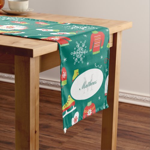 Snowflakes Teal Monogram Pattern Christmas Party Long Table Runner