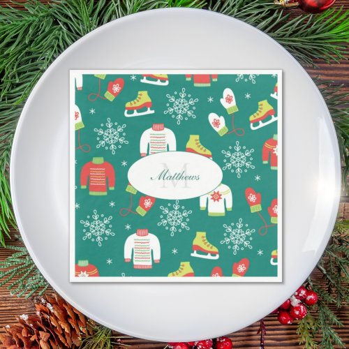 Snowflakes Teal Monogram Pattern Christmas Party Napkins