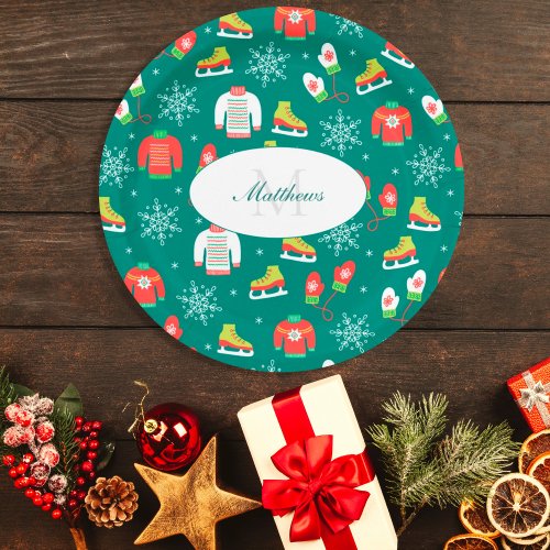 Snowflakes Teal Monogram Pattern Christmas Party Paper Plates