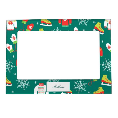 Snowflakes Teal Monogram Pattern Family Christmas Magnetic Frame