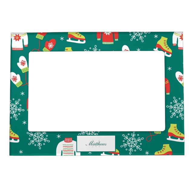 Snowflakes Teal Monogram Pattern Family Christmas Magnetic Frame (Front)