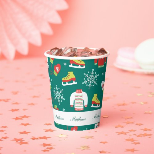 Snowflakes Teal Monogram Pattern Family Christmas Paper Cups