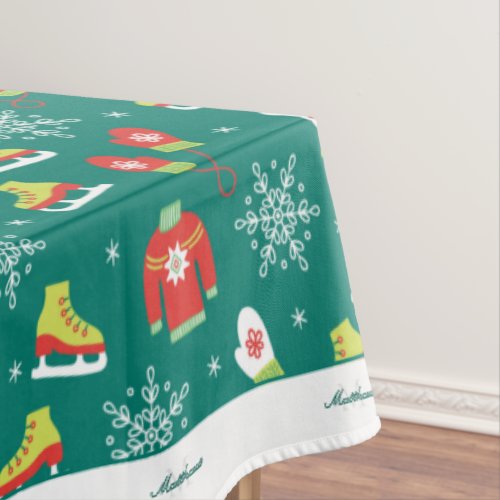 Snowflakes Teal Monogram Pattern Family Christmas Tablecloth