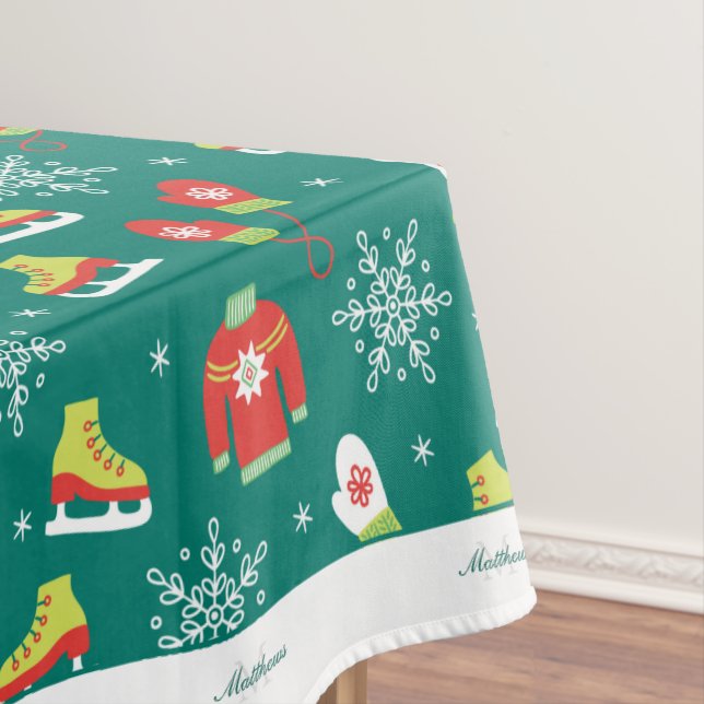 Snowflakes Teal Monogram Pattern Family Christmas Tablecloth (In Situ)