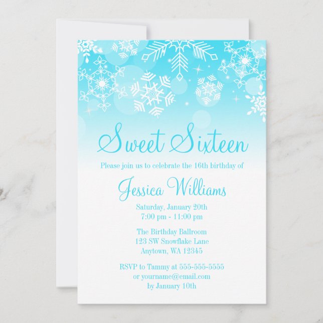 Snowflakes Teal White Winter Wonderland Sweet 16 Invitation (Front)