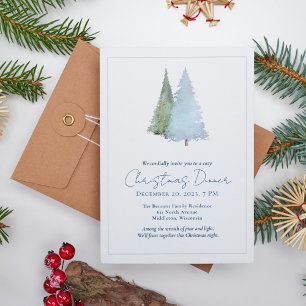 Snowflakes Trees Minimalist White Christmas Dinner Invitation