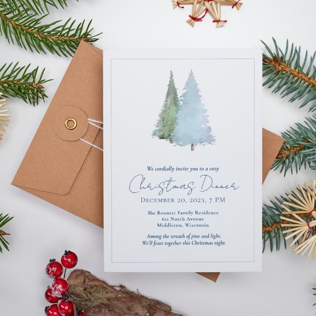 Snowflakes Trees Minimalist White Christmas Dinner Invitation (Creator Uploaded)