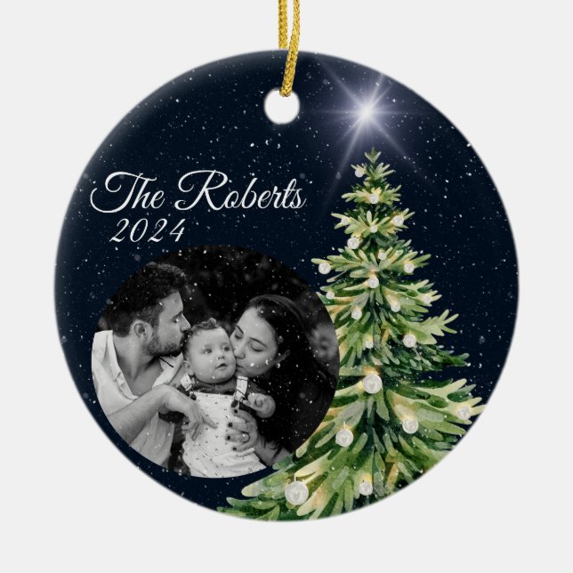 Snowflakes & Trees Winter Charm Elegant Navy Blue Ceramic Ornament (Front)