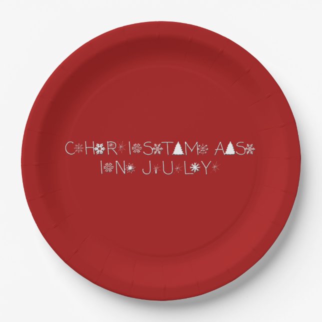 Snowflakes Typography Christmas in July Red Paper Plates (Front)