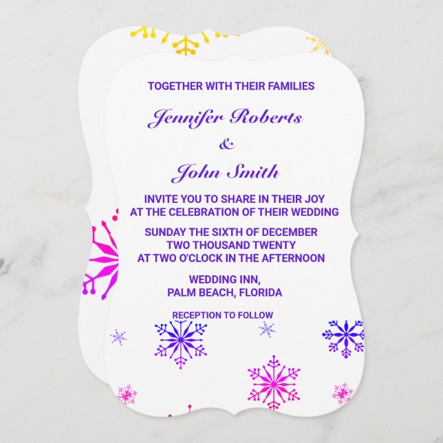 Snowflakes Unique Colorful Patterns White Wedding Invitation (Front/Back)